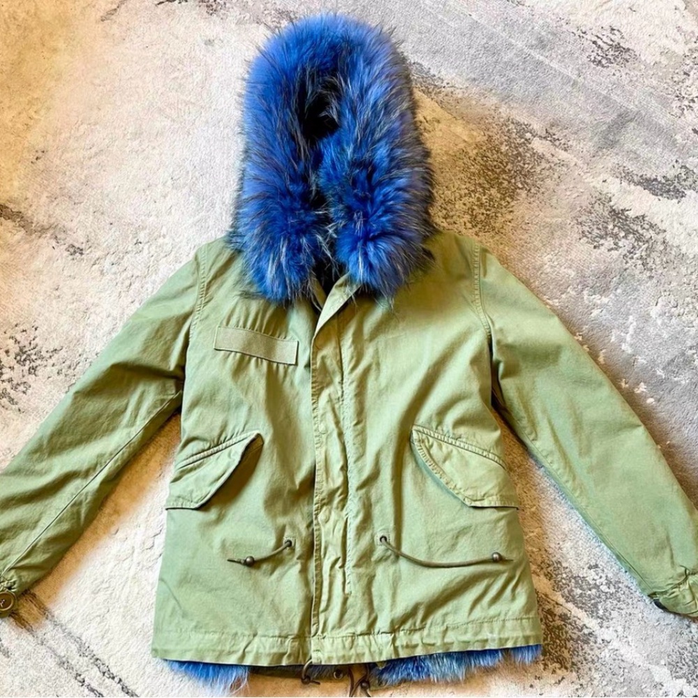 Mr & Mrs Italy Olive Parka with Bright Blue Fur Trim